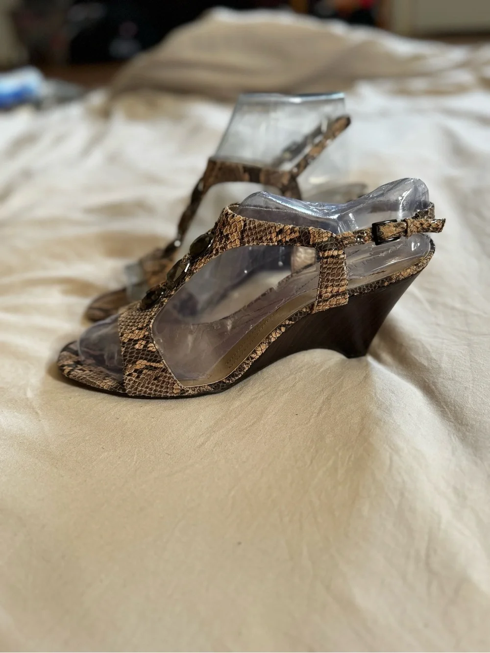 Anne Klein Snake-Print T-Strap Heels with Gem Accents - Brown